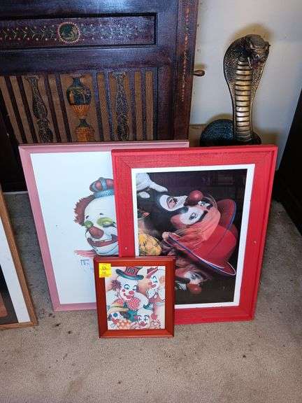 (1) Multiple Clown Print in Frame 10 x 12, (1) Double Clown Print in Frame 25 x 18, and (1) Clown Sketch by Jim Howle 1976 "Felix" 856 of 2000 in Frame 19 x 25