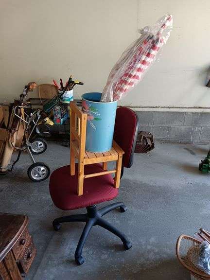Rolling Office Chair, Children's Wooden Chair, Trashcan, and American Flag's