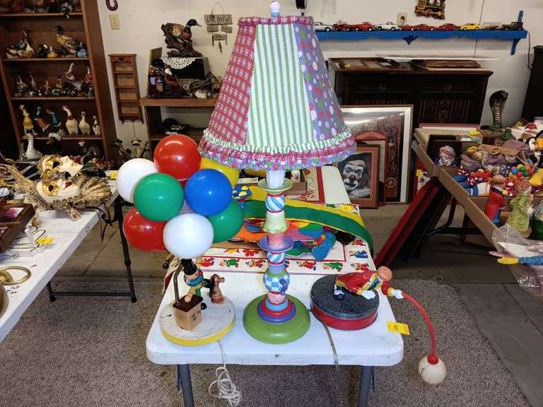 (2) Children's Table Lamps and (1) Hanging Clown Lamp on Tin