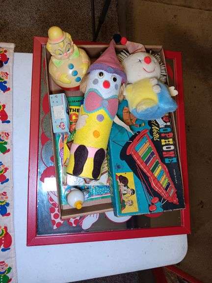 Vintage Childerens Clown Items: Clown Xylophone, Clown Mirror 17 x 21, 1955 Clown Book, and Other Items