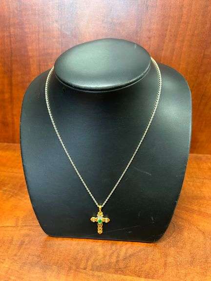 Sterling 19" gold coated necklace and Cross w/green stone