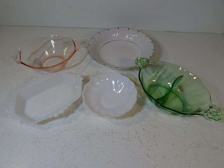 Depression Glass (pink & Green), Bottle Stoppers, Automatic Bottle Opener Mortar and Pastel candle S