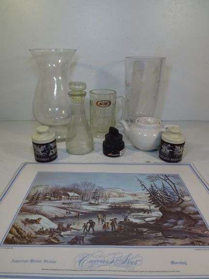 Placemats, Vases, Teapot, A & W Mug, Glass Bottle w/ Top, Shoeshine and 2 Bicentennial Jars