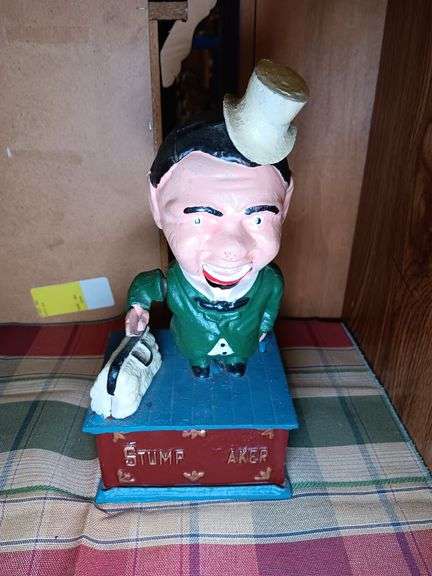 Cast Iron Stump Aker Coin Bank