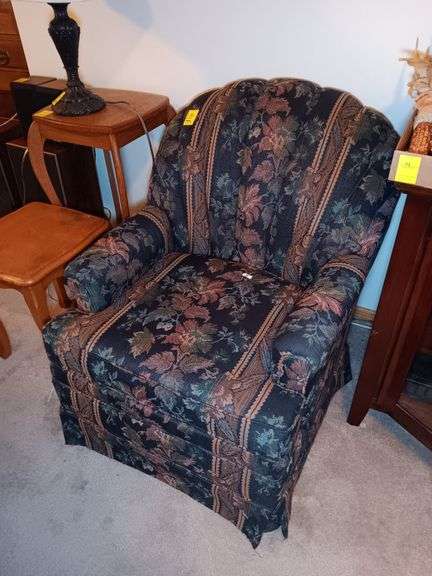 Dark Floral Upholstered Chair and Matching Ottoman Sits 18"