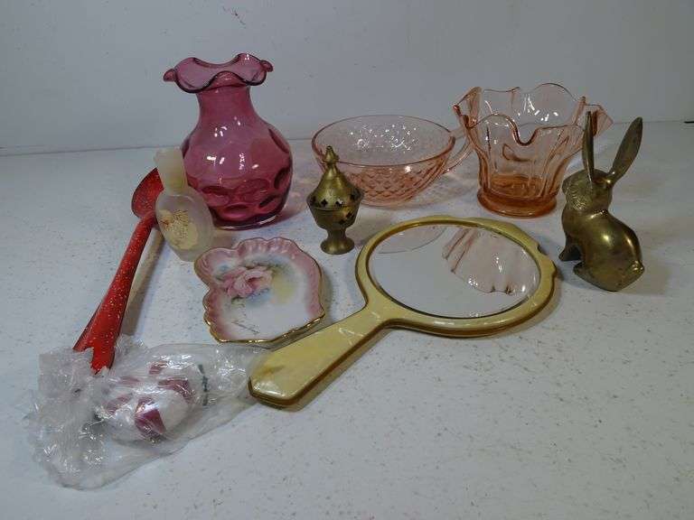 Pink Glass Vases, Large Teacup, Brass Bunny Incense Burner, Hand Mirror, Jewelry Dish & Christmas Se