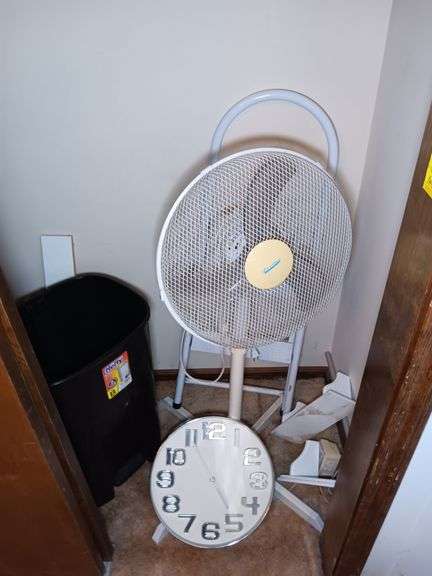 Trash Bin, Step Ladder, Wall Clock, and Rotating Fan