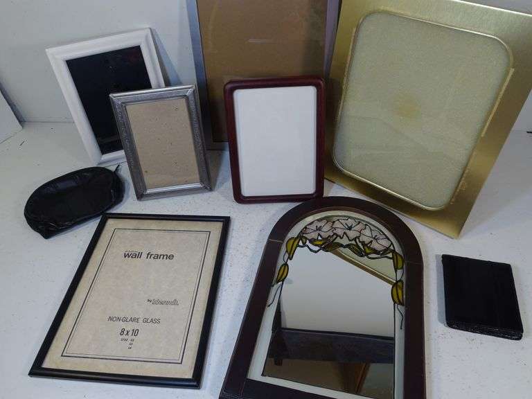 6 Picture Frames, Black Coin Purse, Black Wallet & Flower Mirror