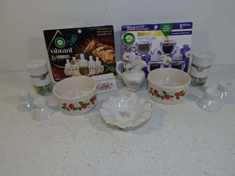Lefton Pitcher & Plate, 4 Candle Holders, 2 Sheffield Oven Safe Bowls, Toothpaste Dispenser & 2 Airw