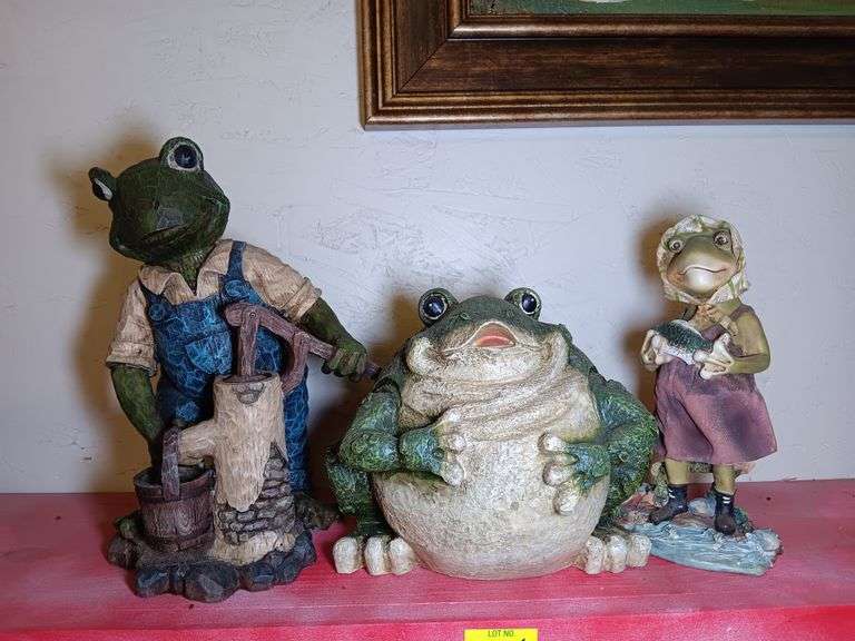 (1) Frog at Water Well Statue, (1) Frog Statue, and (1) Frog Holding Fish Statue