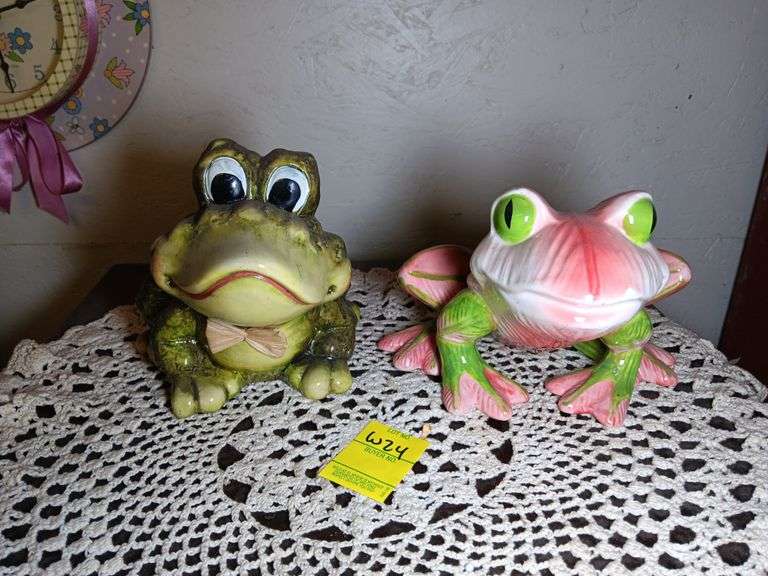 (1) Frog with Bowtie Statue and (1) Pink & Green Frog Statue