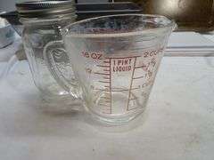 ASST Baking Sheet, Measuring Cup, Baby Mason Jar, 2 LG Pyrex, 2 Meatloaf Pans & Red Lion Ashtray