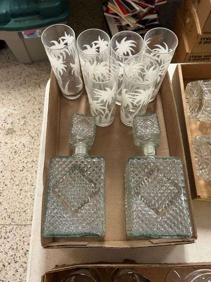 (6) Palm Tree Glasses and (2) Square Decanters