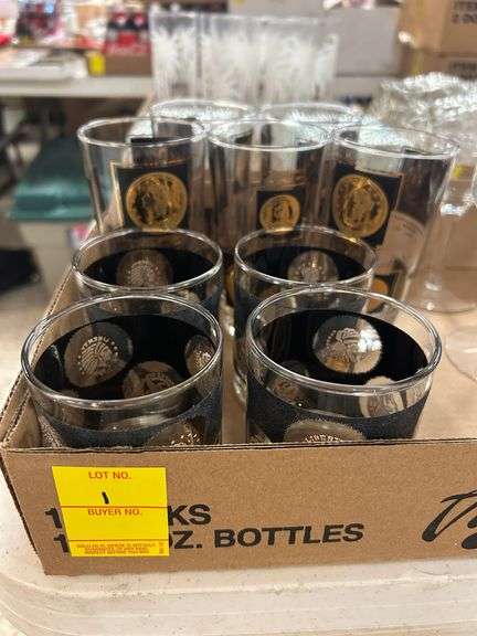(9) Coin Design Glasses and (6) Vintage Coctail Glasses