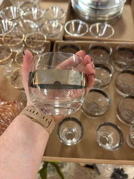 (9) Clear Glass and Silver Cups and (3) Clear Glass and Silver Small Drink Glasse3s