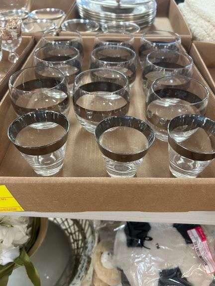 (9) Clear Glass and Silver Cups and (3) Clear Glass and Silver Small Drink Glasse3s