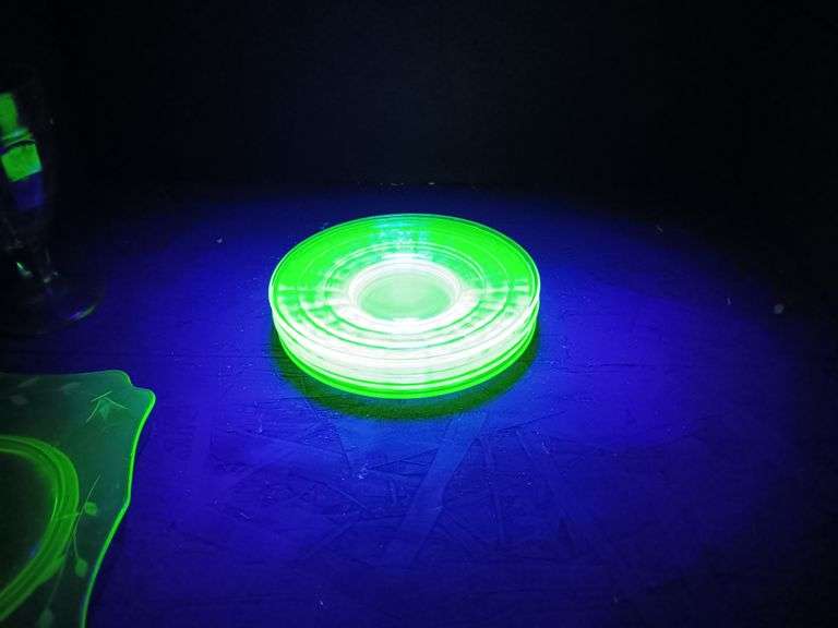 Uranium/Vaseline Glass: Goblet, Floral Platter Plate, and (6) Saucer Plates