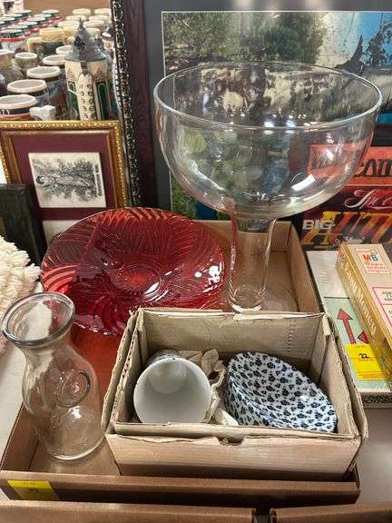 Red Glass Bread Bowl, Large Goblet Flower Vase, Small Milk Bottle, and Soap Dish & Cup Bathroom Set