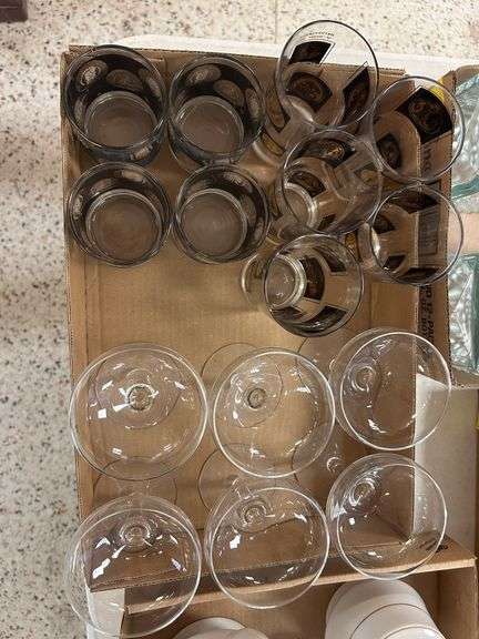 (9) Coin Design Glasses and (6) Vintage Coctail Glasses