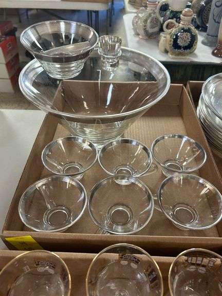 Clear and Silver Glass Serving Set: Punch Bowl, (8) Cups, Tiered Serving Platter, and (8) Large Part