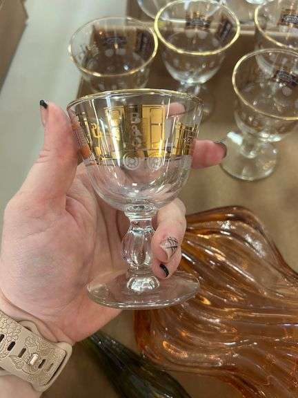 Decorative Colored Glass Decanter and (8) B&O Train Glasses