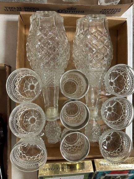 (2) Diamond Pattern Glass Decanters and (9) Matching Glasses