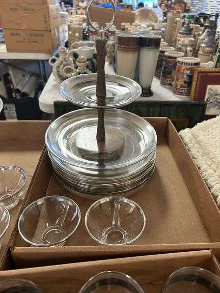 Clear and Silver Glass Serving Set: Punch Bowl, (8) Cups, Tiered Serving Platter, and (8) Large Part