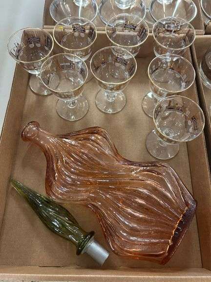 Decorative Colored Glass Decanter and (8) B&O Train Glasses
