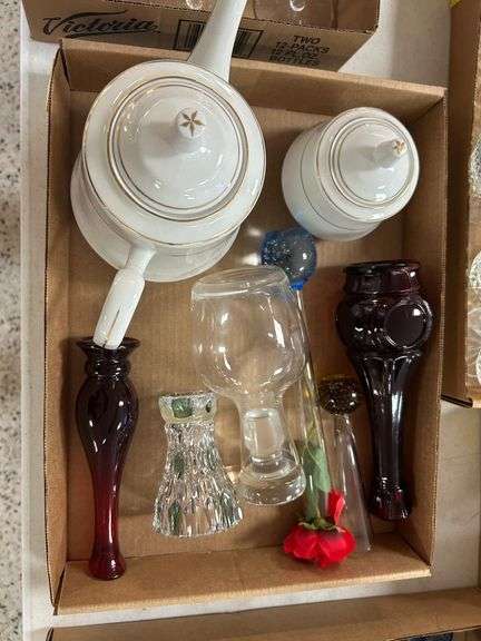 Royal Majestic Teapot & Sugar Bowl, (5) Bud Vases, and Small Glass Decanter