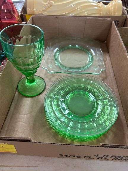 Uranium/Vaseline Glass: Goblet, Floral Platter Plate, and (6) Saucer Plates