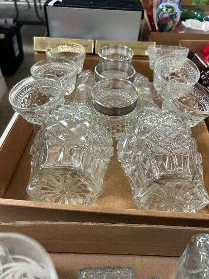 (2) Diamond Pattern Glass Decanters and (9) Matching Glasses