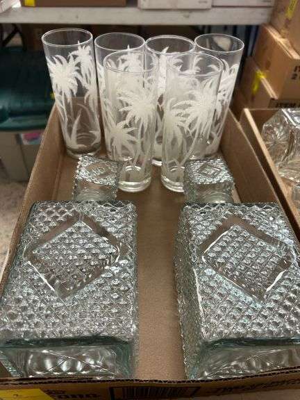 (6) Palm Tree Glasses and (2) Square Decanters