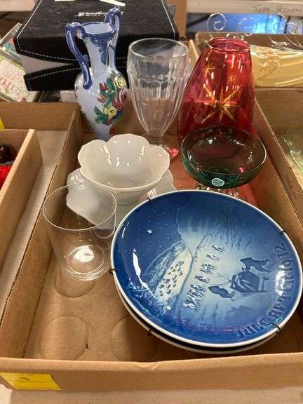 Glass Vases, Bowls, and (2) Copenhagen Porcelain Plates