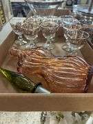 Decorative Colored Glass Decanter and (8) B&O Train Glasses