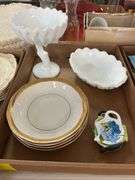 Milk Glass Bowls, (5) Le Roi 18K Gold Rimmed Bowls, and (2) Teabag Plates