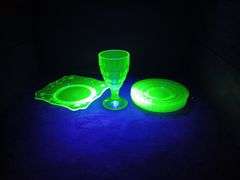 Uranium/Vaseline Glass: Goblet, Floral Platter Plate, and (6) Saucer Plates