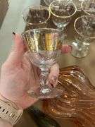 Decorative Colored Glass Decanter and (8) B&O Train Glasses