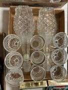 (2) Diamond Pattern Glass Decanters and (9) Matching Glasses