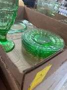 Uranium/Vaseline Glass: Goblet, Floral Platter Plate, and (6) Saucer Plates