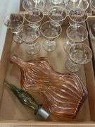 Decorative Colored Glass Decanter and (8) B&O Train Glasses