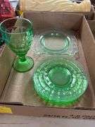 Uranium/Vaseline Glass: Goblet, Floral Platter Plate, and (6) Saucer Plates
