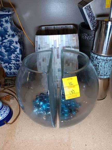 Mother of Pearl Style Trash Can and (2) "Fish Bowl" Style Vases
