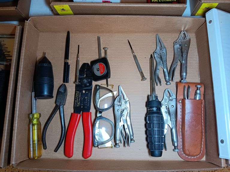 Assorted Vise Grips, Fiskars Adjustable Screwdriver, Electrical Crimpers, Safety Glasses, and Other Items