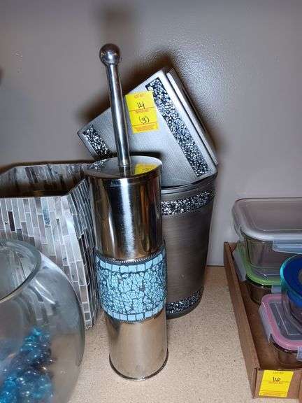 Blue Stone and Stainless Steel Bathroom Accessories: Toilet Brush Holder, Trash Can, and Kleenex Cover