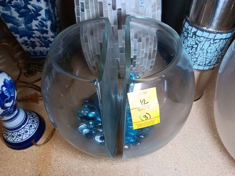 Mother of Pearl Style Trash Can and (2) "Fish Bowl" Style Vases