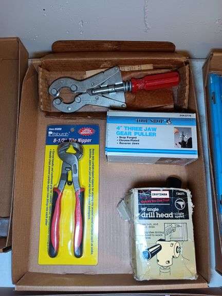 90" Drill Head, 4" Three Jaw Gear Puller, 8 1/2" Tire Nipper, and Antique Craftsman Tile Nipper