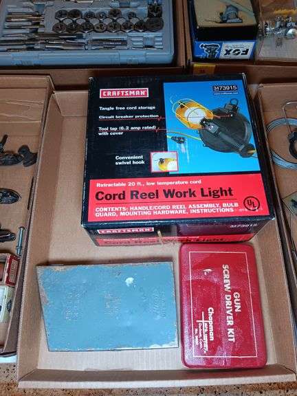 Craftsman Cord Reel Work Light, Gun Screw Driver Kit, and Drill Index