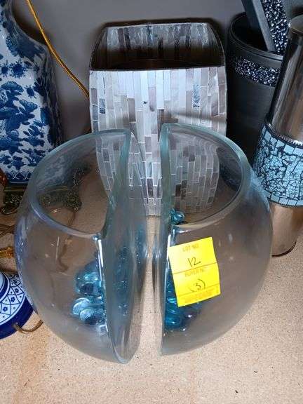 Mother of Pearl Style Trash Can and (2) "Fish Bowl" Style Vases