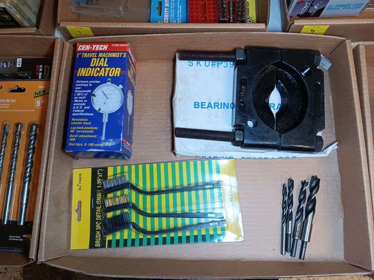 Dial Indicator, 3pc Brush Detail Set, Drill Bits, and Bearing Separator