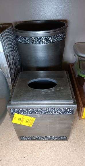 Blue Stone and Stainless Steel Bathroom Accessories: Toilet Brush Holder, Trash Can, and Kleenex Cover